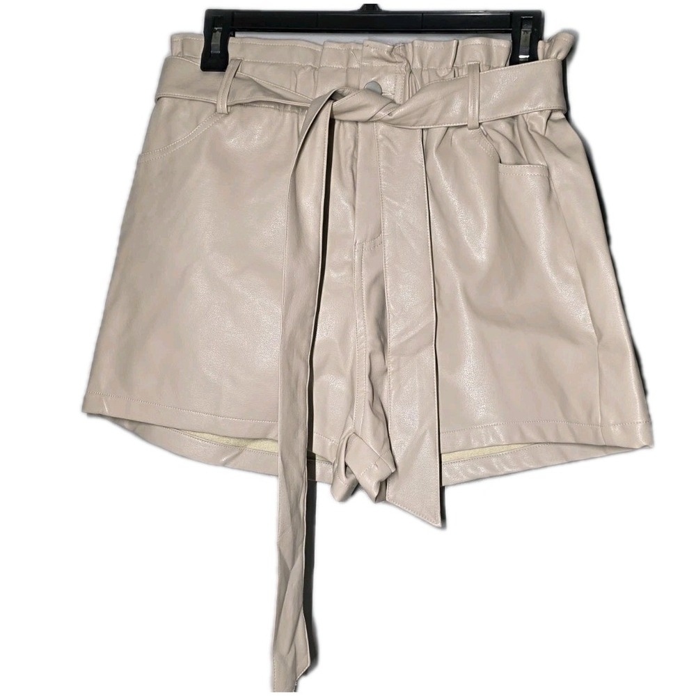 SHE +‎ SKY Medium Tan Faux Leather Shorts Tie Waist Pockets